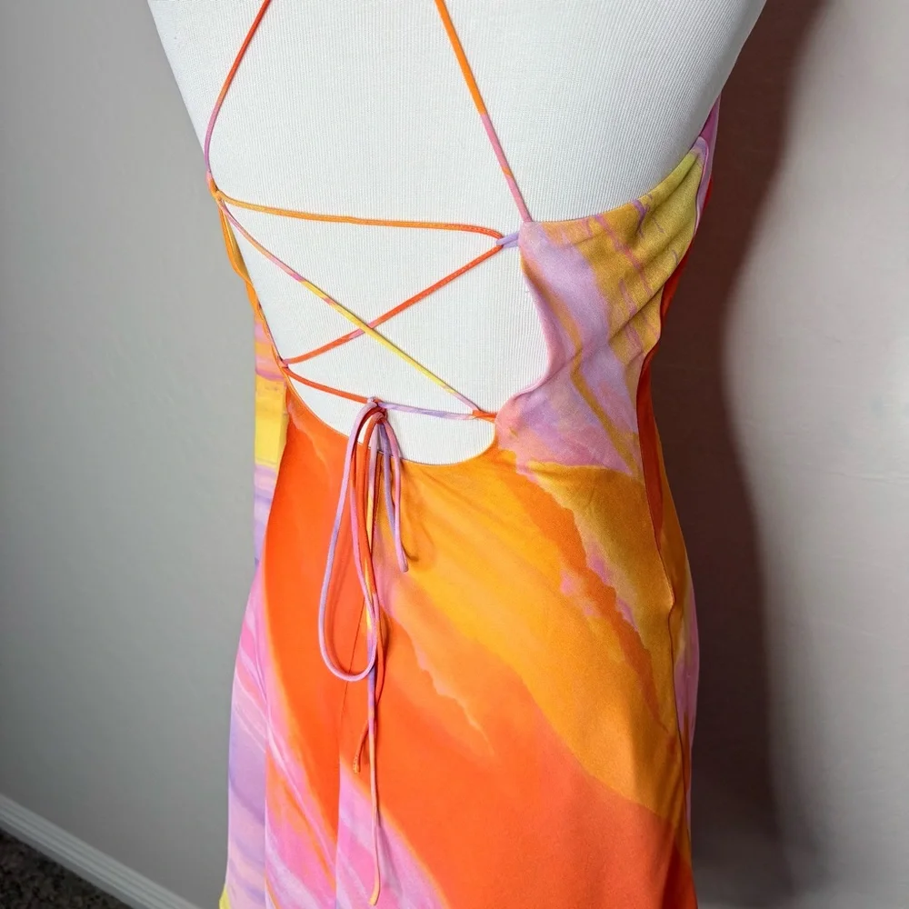 For Love & Lemons Sunny Mini Dress XS Sunset Tie Dye Orange Pink Resort Party - Picture 9 of 13
